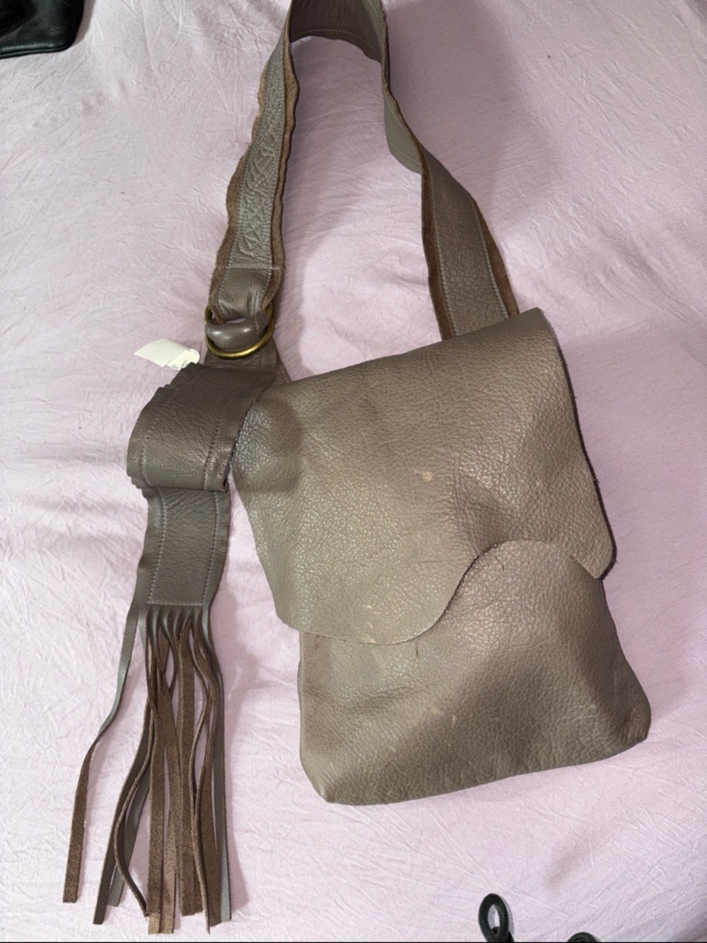 Molly G….Taupe-Brown Pebbled Leather Crossbody with Fringe Strap